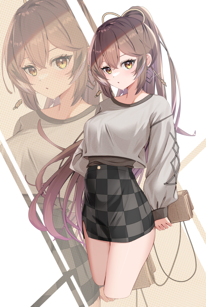 1girl absurdres alphaart alternate_costume bag black_hair black_skirt brown_eyes brown_hair earrings grey_shirt handbag high_ponytail highres holding holding_bag hololive hololive_english jewelry long_hair looking_at_viewer multicolored_hair nanashi_mumei open_mouth shirt skirt solo streaked_hair virtual_youtuber white_hair zoom_layer