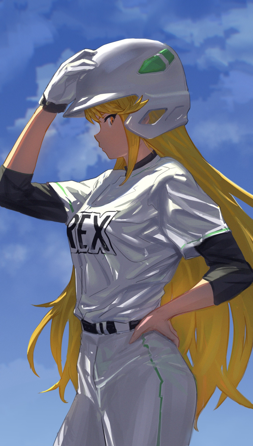 1girl baseball_cap belt blonde_hair blue_sky character_request closed_mouth clouds commentary_request day gloves hand_on_headwear hat helmet highres long_hair looking_at_viewer outdoors pants sakiruo46 sky solo standing uniform upper_body very_long_hair white_gloves xenoblade_chronicles_(series) xenoblade_chronicles_2