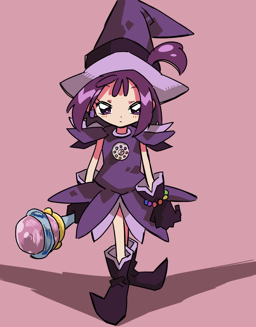 1girl absurdres chieo closed_mouth dress earrings full_body gloves hat highres holding holding_wand jewelry looking_at_viewer magical_girl ojamajo_doremi one_side_up pink_background pointy_footwear purple_dress purple_footwear purple_gloves purple_hair segawa_onpu short_hair simple_background solo standing violet_eyes wand witch_hat