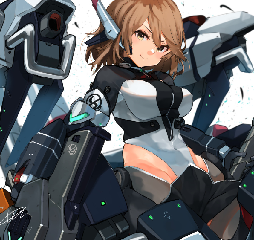 1girl alice_gear_aegis blush breasts brown_eyes brown_hair gloves green_eyes headgear highres large_breasts leotard leotard_under_clothes long_sleeves looking_at_viewer mecha_musume medium_hair onaga_akino open_mouth short_hair simple_background smile solo sunday_aki thigh-highs white_leotard