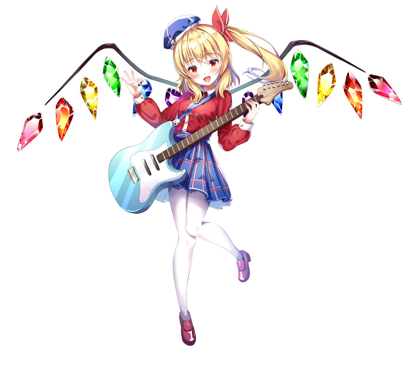 1girl absurdres alternate_costume blue_skirt crystal_wings electric_guitar flandre_scarlet ggs guitar hair_ribbon hand_up hat highres instrument mary_janes mini_hat open_mouth red_ribbon ribbon shoes side_ponytail simple_background skirt smile solo thigh-highs touhou white_background white_thighhighs