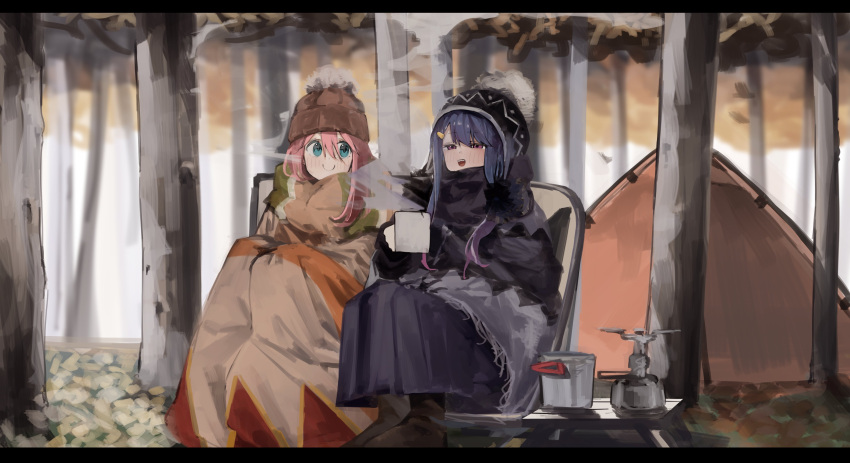 2girls absurdres beanie blanket blue_eyes blue_hair camping camping_chair coat cup dark_blue_hair gloves half-closed_eyes hat highres kagamihara_nadeshiko long_hair long_sleeves looking_at_another maegami_(daisuki_oekaki1) mug multiple_girls open_mouth outdoors pink_hair pom_pom_(clothes) pom_pom_beanie portable_stove scarf shima_rin sitting skirt smile steam table tent tree violet_eyes winter_clothes wooden_table yurucamp