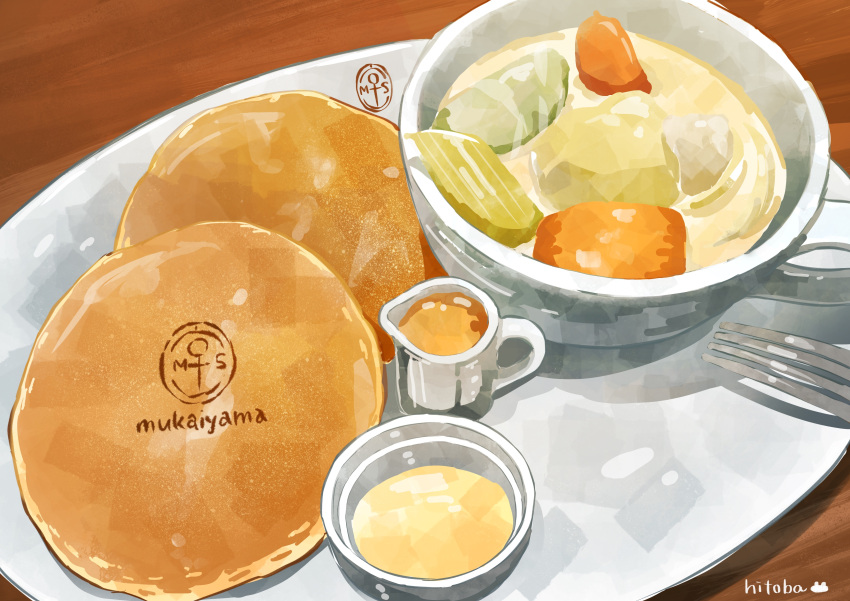 absurdres food food_focus fork highres hitoba no_humans original pancake plate soup syrup table vegetable wooden_table
