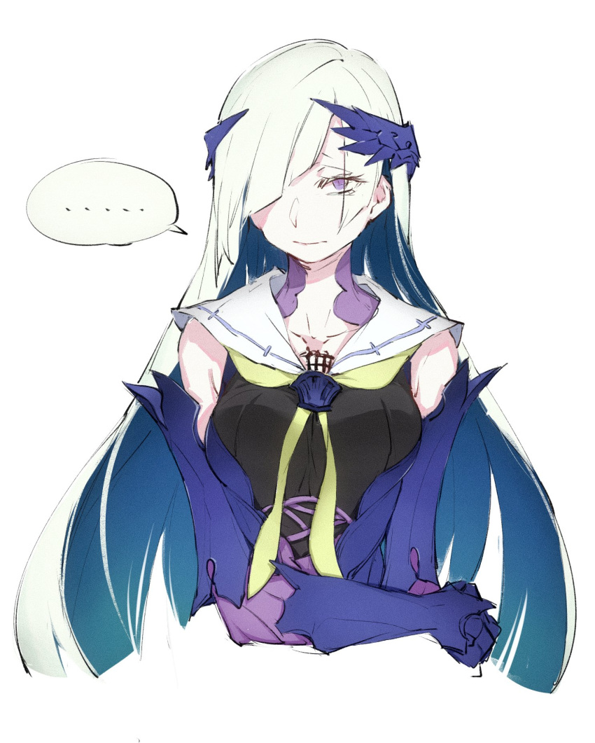 ... 1girl blue_hair breasts brynhildr_(fate) chuzenji closed_mouth colored_inner_hair cropped_torso detached_sleeves expressionless fate/prototype fate/prototype:_fragments_of_blue_and_silver fate_(series) hair_over_one_eye highres long_hair looking_at_viewer medium_breasts multicolored_hair neckerchief sailor_collar simple_background solo speech_bubble spoken_ellipsis two-tone_hair upper_body violet_eyes white_background white_hair yellow_neckerchief