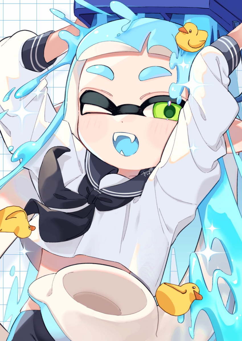 1girl bike_shorts blue_hair green_eyes highres holding inkling inkling_girl inkling_player_character one_eye_closed open_mouth paint paint_splatter pointy_ears rubber_duck sahata_saba shirt signature simple_background single_vertical_stripe splatoon_(series) splatoon_3 suction_cups tentacle_hair white_background white_shirt