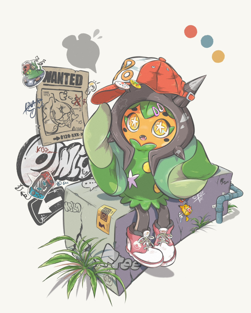 baseball_cap clothed_pokemon color_guide commentary_request fangs floating flower-shaped_pupils graffiti grass hair_ornament hairclip hat highres joy-con komugicorn nintendo_switch ogerpon orange_eyes pecharunt poke_ball_print pokemon pokemon_(creature) print_footwear red_footwear rotom shoes sideways_hat signature simple_background sinistcha sitting symbol-shaped_pupils wanted white_background