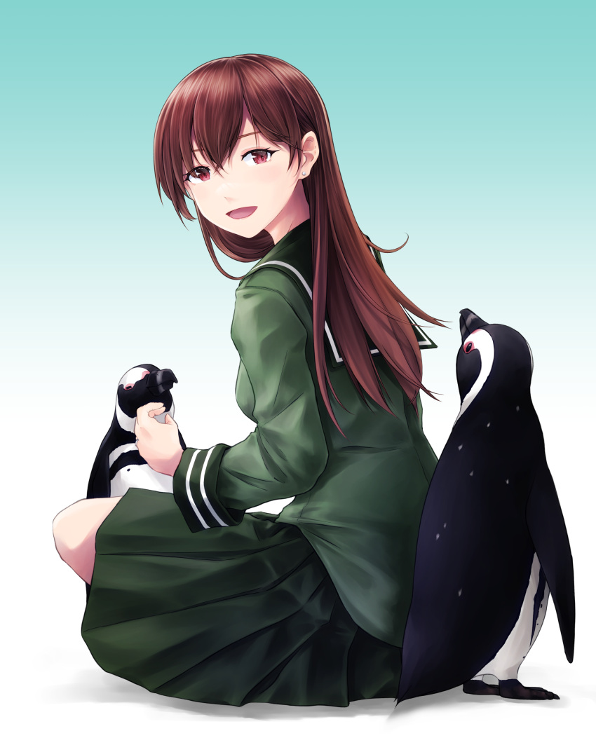 1girl absurdres bird breasts brown_eyes brown_hair earrings green_sailor_collar green_serafuku green_skirt highres jewelry junk_life kantai_collection long_hair long_sleeves looking_at_viewer ooi_(kancolle) open_mouth penguin pleated_skirt sailor_collar school_uniform serafuku sitting skirt small_breasts smile solo stud_earrings