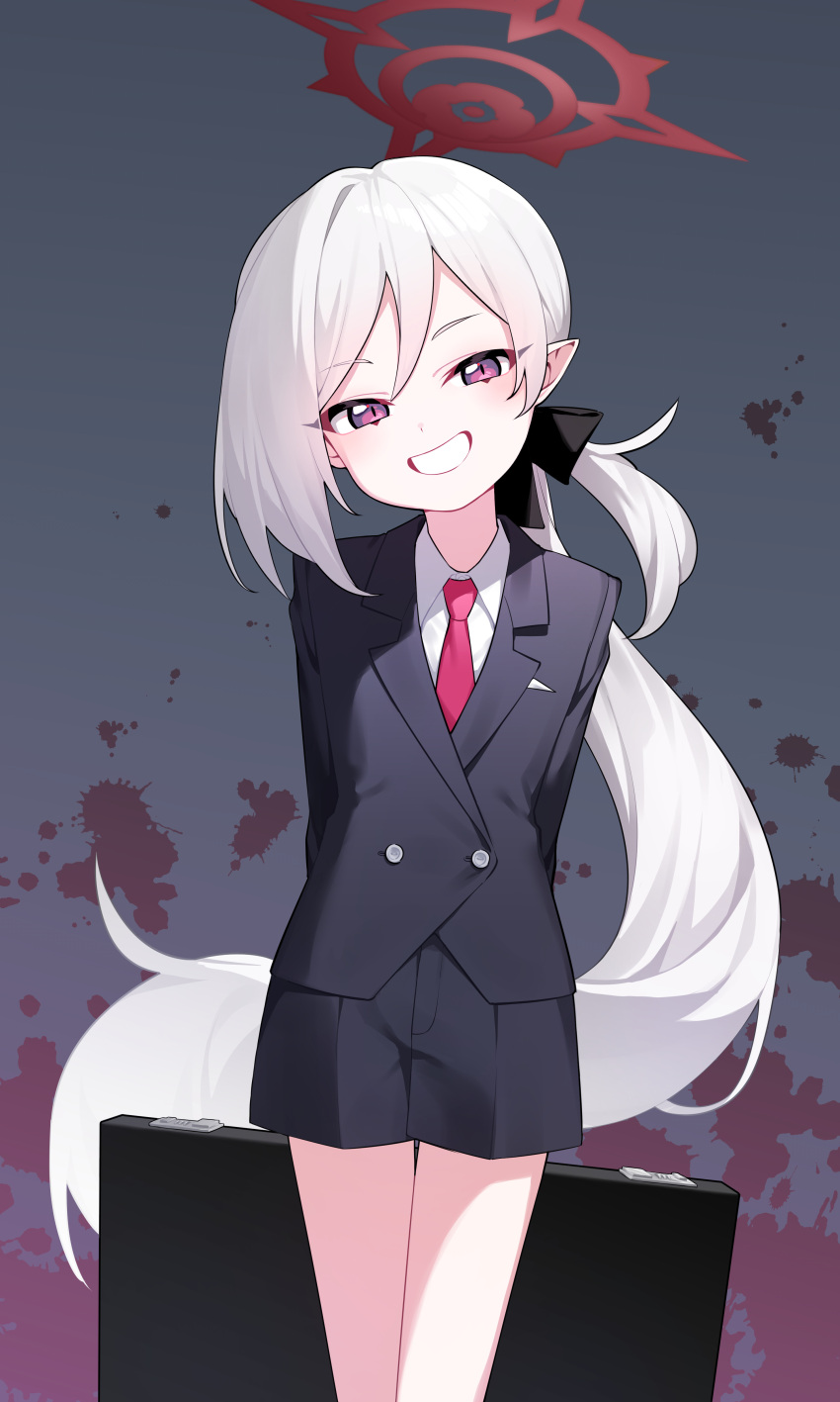 1girl absurdres black_shorts blood blood_splatter blue_archive blush collared_shirt cowboy_shot grey_hair grin halo highres honi_(honi1010) long_hair long_sleeves looking_at_viewer mutsuki_(blue_archive) mutsuki_(suit)_(blue_archive) necktie official_alternate_costume pointy_ears ponytail red_halo red_necktie shirt shorts smile solo suit violet_eyes white_shirt