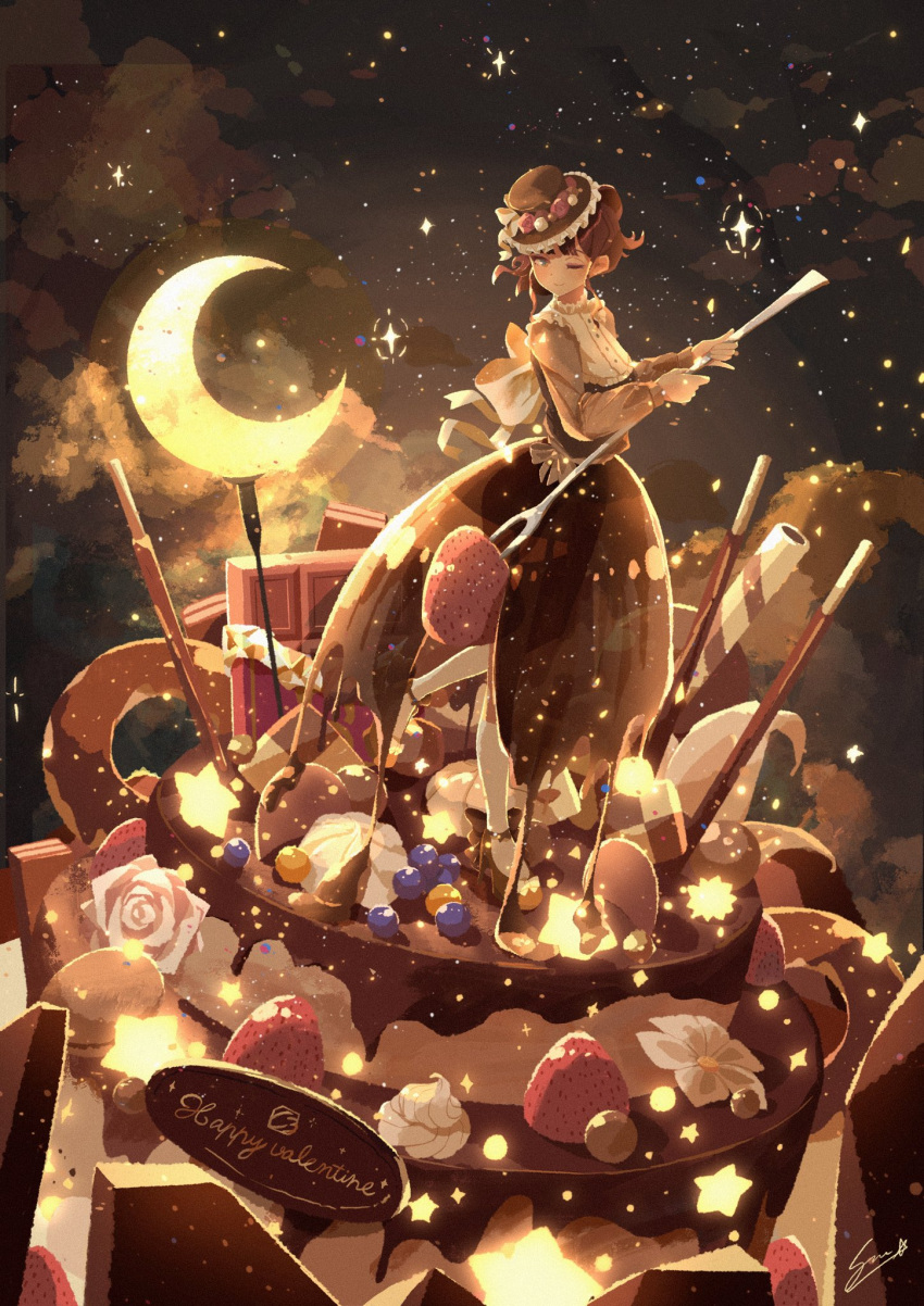 1girl atelier_umiyury blue_eyes blueberry bow brown_dress brown_hair brown_hat cake candy chocolate chocolate_cake clouds crescent_moon dress english_commentary flower food fork fruit happy_valentine hat highres holding holding_fork long_sleeves moon night night_sky original oversized_food oversized_object pocky short_hair signature sky socks solo star_(sky) star_(symbol) starry_sky strawberry wafer_stick whipped_cream white_flower white_socks
