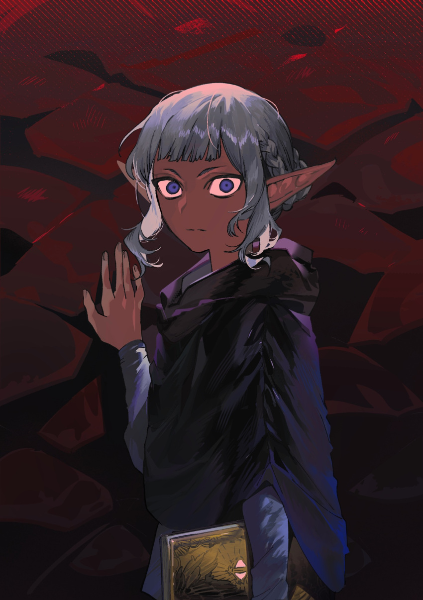 1boy androgynous black_robe book dark-skinned_male dark_skin dungeon_meshi elf expressionless gapamopa grey_hair hair_bun highres holding holding_book looking_at_viewer male_focus pointy_ears red_background robe short_bangs solo thistle_(dungeon_meshi) upper_body violet_eyes wide-eyed