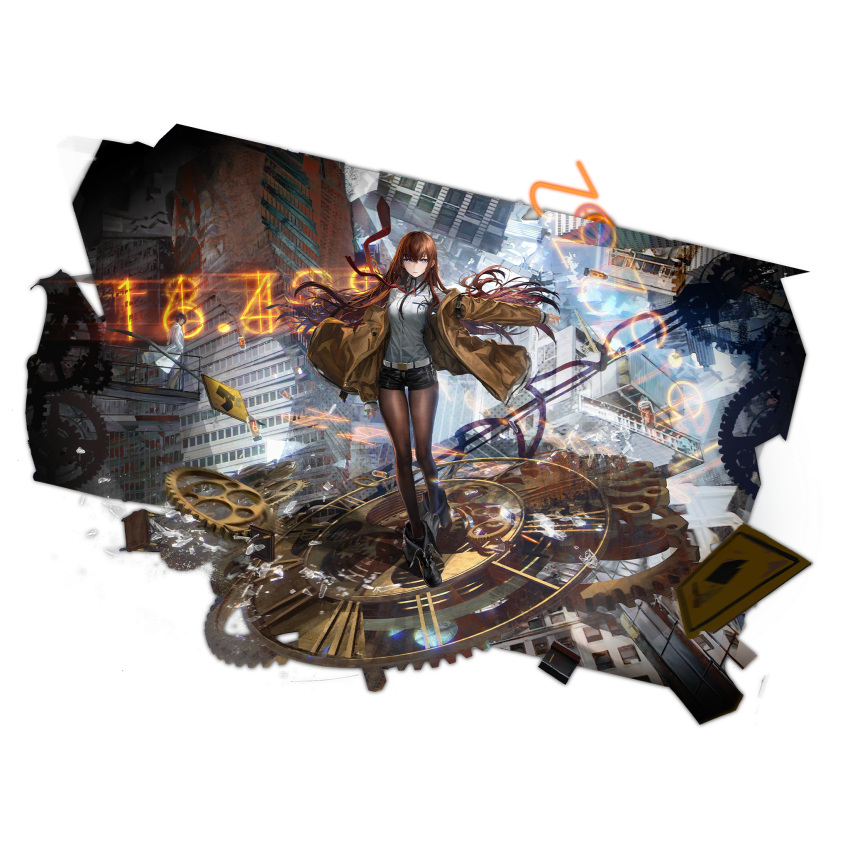 1boy 1girl black_footwear black_pantyhose black_shorts bright_pupils broken_glass brown_hair brown_jacket building closed_mouth floating_hair floating_neckwear full_body gears girls'_frontline_neural_cloud glass hair_between_eyes hair_spread_out highres jacket lab_coat long_hair looking_at_viewer makise_kurisu necktie nixie_tube off_shoulder official_art okabe_rintarou open_clothes open_jacket pantyhose pantyhose_under_shorts red_necktie road_sign shirt shorts sidelocks sign solo_focus standing steins;gate third-party_source transparent_background very_long_hair violet_eyes white_shirt