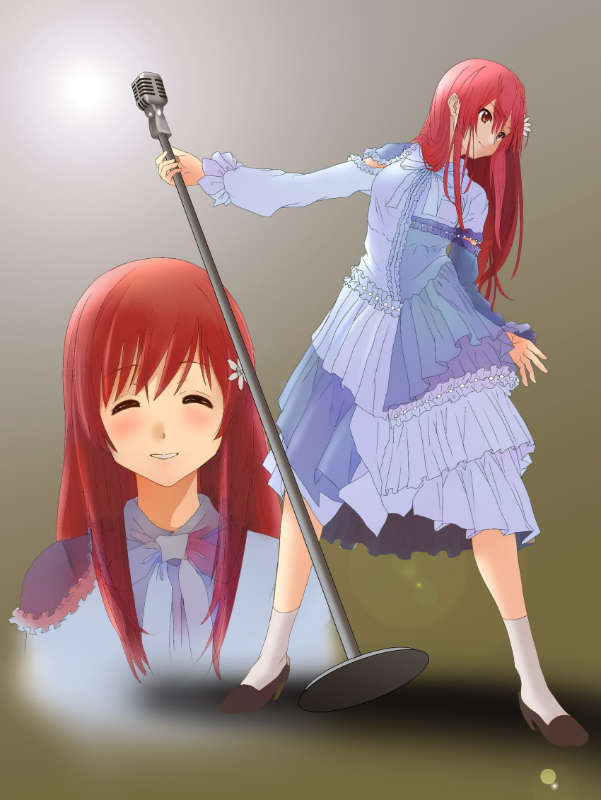 1girl 22/7 bxtbsy7q76gxh73 closed_eyes closed_mouth flower full_body hair_flower hair_ornament highres holding holding_microphone_stand long_hair looking_at_viewer microphone_stand parted_lips red_eyes redhead sato_reika standing