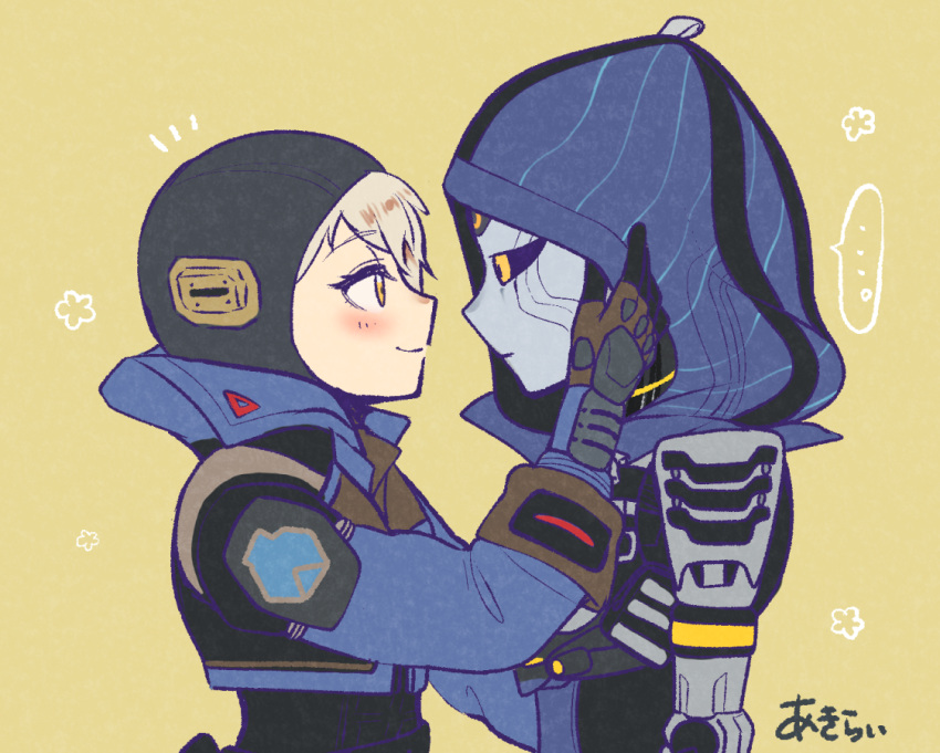 ... 2girls akirai_(akry555) android animification apex_legends artist_name ash_(titanfall_2) black_jacket blue_jacket blue_leotard blush brown_eyes brown_gloves deep_current_wattson eye_contact from_side gloves grey_hair hand_on_another's_cheek hand_on_another's_face hood hood_up hooded_leotard interspecies jacket leotard looking_at_another metal_skin multicolored_clothes multicolored_jacket multiple_girls official_alternate_costume simulacrum_(titanfall) smile spoken_ellipsis wattson_(apex_legends) yellow_background yuri