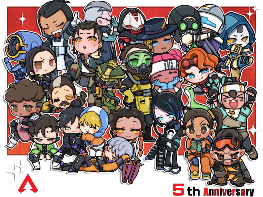 &gt;_&lt; 6+boys 6+girls =_= ^_^ android animification anniversary apex_legends arm_strap armor ash_(titanfall_2) assault_visor aviator_cap ballistic_(apex_legends) bangalore_(apex_legends) beard black_bodysuit black_gloves black_hair black_jacket black_sclera bloodhound_(apex_legends) blue_gloves blue_hair blue_hat blue_jacket bodysuit braid breastplate bright_pupils brown_hair brown_jacket brown_pants brown_shirt cable carrying catalyst_(apex_legends) caustic_(apex_legends) chibi chinese_commentary closed_eyes colored_sclera conduit_(apex_legends) crossed_arms crypto_(apex_legends) dark-skinned_female dark-skinned_male dark_skin double_bun everyone eyebrow_cut facial_hair facial_mark forehead_mark fur-trimmed_jacket fur_trim fuse_(apex_legends) gas_mask gibraltar_(apex_legends) gloves goggles goggles_on_head goggles_on_headwear green_gloves green_vest grey_gloves grey_hair hair_behind_ear hair_bun hair_slicked_back hands_on_own_face hazmat_suit head_tilt helmet highres hood hood_down hood_up hooded_jacket horizon_(apex_legends) humanoid_robot jacket jumpsuit lap_pillow li_nicole lifeline_(apex_legends) loba_(apex_legends) mad_maggie_(apex_legends) mask mirage_(apex_legends) mouth_mask multicolored_hair multiple_boys multiple_girls mustache nessie_(respawn) newcastle_(apex_legends) octane_(apex_legends) old old_man one-eyed open_mouth orange_bodysuit orange_eyes orange_jacket orange_jumpsuit pants pathfinder_(apex_legends) pointing princess_carry purple_lips rampart_(apex_legends) rebreather red_eyes redhead revenant_(apex_legends) robot scar scar_on_cheek scar_on_face seer_(apex_legends) shirt shoes side_ponytail simulacrum_(titanfall) single_glove single_hair_bun smile smirk sneakers soul_patch sparkle stepped_on streaked_hair sweatdrop twin_braids two-tone_hair undercut v-shaped_eyebrows valkyrie_(apex_legends) vantage_(apex_legends) vest wattson_(apex_legends) white_bodysuit white_jacket white_pupils wraith_(apex_legends) yellow_footwear yellow_gloves