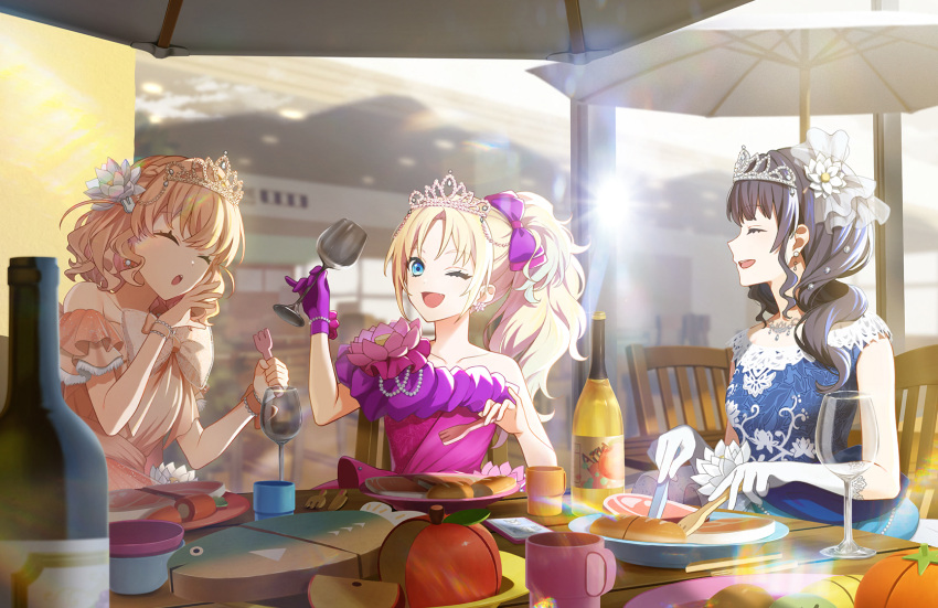 3girls apple_juice blue_dress blue_hair blurry blurry_background bow closed_eyes cup dress dress_bow dress_flower drinking_glass earrings elbow_gloves fake_food flower fork game_cg gloves hair_bow hair_flower hair_ornament high_side_ponytail highres hinoshita_kaho holding holding_cup holding_utensil jewelry juice knife lace-trimmed_dress lace_trim link!_like!_love_live! long_hair love_live! medium_hair multiple_girls murano_sayaka necklace official_art one_eye_closed open_mouth orange_dress orange_hair orange_wrist_cuffs osawa_rurino outdoors patio_umbrella princess purple_bow purple_dress purple_gloves shade sidelocks single-shoulder_dress sitting third-party_source tiara umbrella wavy_hair white_flower white_gloves white_tiara white_umbrella wine_glass wrist_cuffs