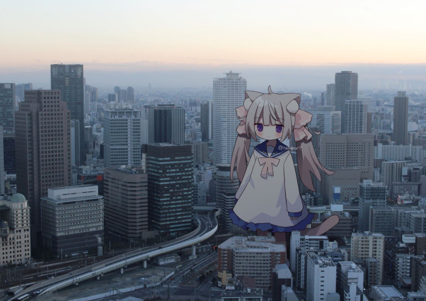 1girl ahoge animal_ear_fluff animal_ears blue_sailor_collar bow brown_hair brown_pantyhose building cat_ears cat_girl cat_tail cityscape closed_mouth clouds commentary_request day dress giant giantess hair_ribbon long_hair long_sleeves nakkar original outdoors pantyhose photo_background pink_bow pink_ribbon puffy_long_sleeves puffy_sleeves ribbon road sailor_collar sailor_dress sky skyscraper sleeves_past_wrists solo standing tail twintails twitter_username very_long_hair violet_eyes watermark white_dress