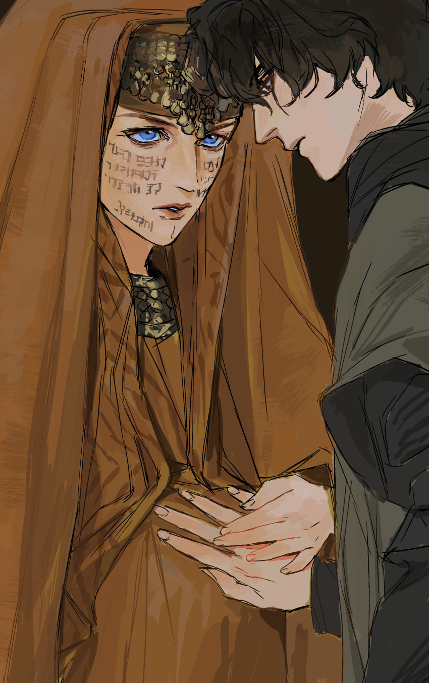 1boy 1girl absurdres auroradiation big_belly black_hair blue_eyes dune:_part_two dune_(series) facial_mark hand_on_another's_stomach headdress highres jessica_atreides looking_at_another mother_and_son paul_atreides pregnant robe short_hair upper_body veil