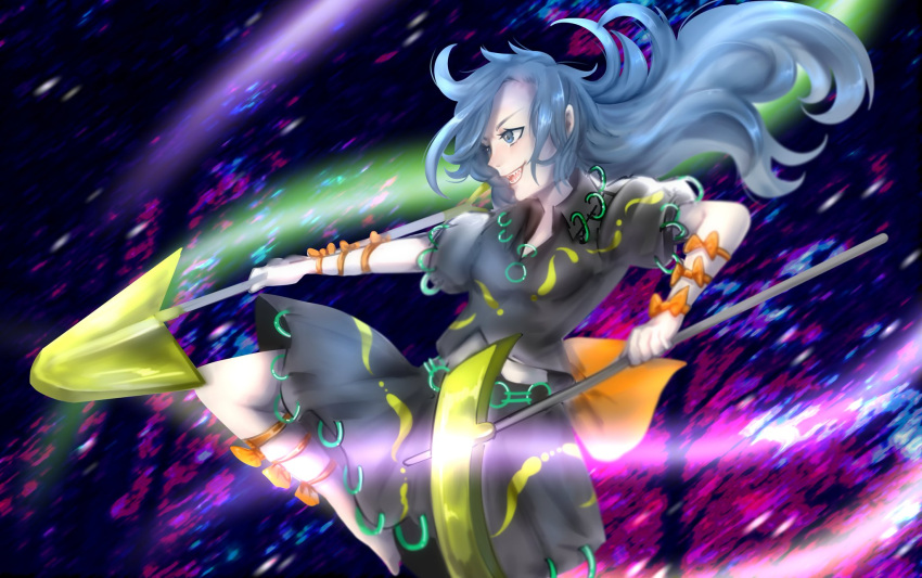 1girl arm_bow back_bow bad_id bad_twitter_id barefoot black_background black_shirt black_skirt blue_eyes blue_hair blurry blurry_background bow bow_legwear collared_shirt commentary english_commentary eyelashes floating_hair foot_out_of_frame hair_over_one_eye highres himemushi_momoyo holding holding_pickaxe holding_shovel long_hair luo_qiangwei midriff miniskirt navel open_mouth orange_bow pickaxe pleated_skirt puffy_short_sleeves puffy_sleeves sharp_teeth shirt short_sleeves shovel simple_background skirt skirt_set smile solo teeth touhou