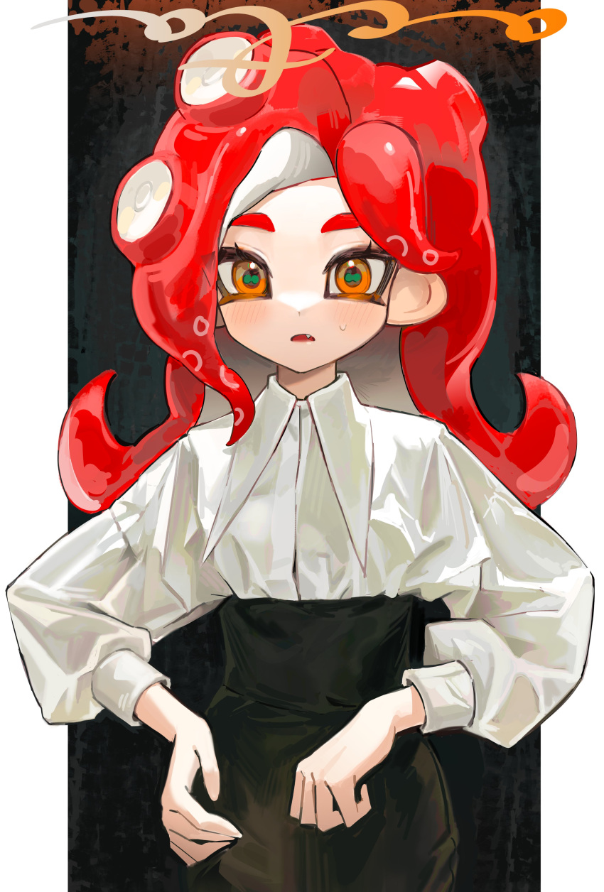 1girl absurdres black_skirt border cephalopod_eyes collared_shirt commentary fang green_pupils highres kumo_(kumo_hsc0216) light_blush long_hair long_sleeves looking_at_viewer octoling octoling_girl octoling_player_character open_mouth orange_eyes outside_border pillarboxed puffy_long_sleeves puffy_sleeves redhead shirt shirt_tucked_in skirt solo splatoon_(series) suction_cups sweat symbol-only_commentary tentacle_hair upper_body white_border white_shirt