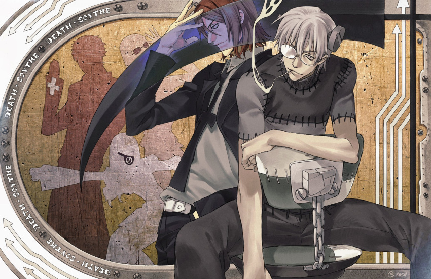 2boys ann_yasu_d black_necktie bow bowtie chair cigarette franken_stein_(soul_eater) glasses grey_hair hair_between_eyes highres looking_at_viewer male_focus multiple_boys necktie object_through_head opaque_glasses patchwork_clothes redhead screw_in_head short_hair smoking soul_eater spirit_albarn stitches suit yellow_eyes
