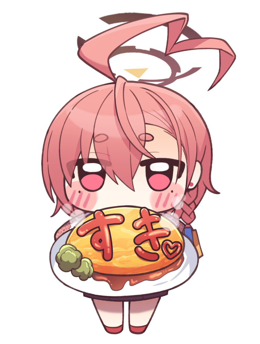 1girl absurdres ahoge black_skirt blue_archive blush_stickers braid brown_halo chibi food hair_between_eyes halo highres huge_ahoge hwaen looking_at_viewer mole mole_under_each_eye mole_under_eye multiple_moles neru_(blue_archive) no_mouth omelet omurice red_eyes short_hair simple_background single_braid skirt solo tag thick_eyebrows white_background