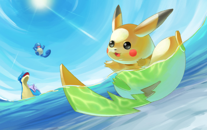 :d afloat commentary_request day enrike_(enrique_mr_blue) lapras no_humans open_mouth outdoors partially_underwater_shot pikachu pokemon pokemon_(creature) sky smile squirtle sun water