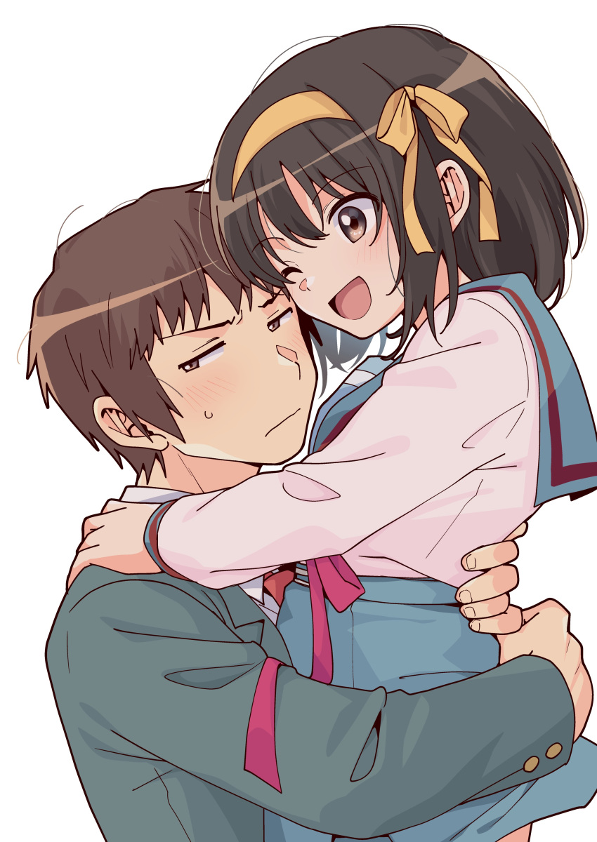 1boy 1girl ;d absurdres arm_around_waist blue_sailor_collar blue_skirt blush brown_eyes brown_hair closed_mouth commentary couple cowboy_shot frown hair_ribbon hairband hand_on_another's_shoulder happy heads_together hetero highres hug kyon long_sleeves looking_at_another looking_to_the_side medium_hair one_eye_closed ribbon sailor_collar school_uniform shirt short_hair shy simple_background skirt smile spiky_hair straight_hair suzumiya_haruhi suzumiya_haruhi_no_yuuutsu sweatdrop taiki_(6240taiki) upper_body white_background white_shirt yellow_hairband yellow_ribbon