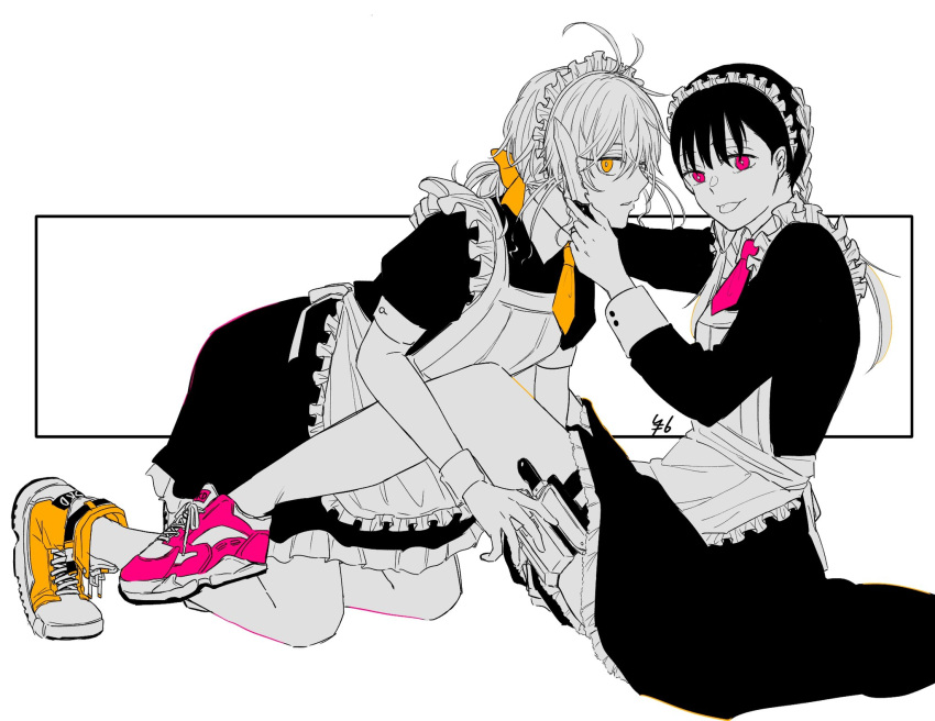 akao_akira gloves highres holding holding_knife holster implied_yuri knife knife_in_hair lace maid pink_eyes pink_footwear rokuen_skd sakamoto_days shoes sneakers thigh_holster threat tongue tongue_out toramaru_nao white_background yellow_eyes yellow_footwear
