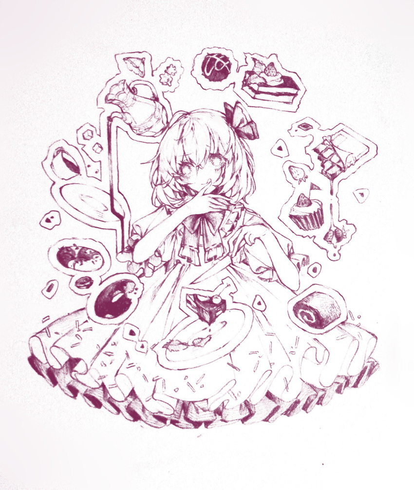 1girl absurdres ascot cake cup dessert food fruit hair_ribbon hand_on_own_face highres open_mouth plate ribbon rumia short_hair skirt skirt_set solo star-shaped_pupils star_(symbol) strawberry symbol-shaped_pupils tongue tongue_out touhou traditional_media vest white_background zhixie_jiaobu