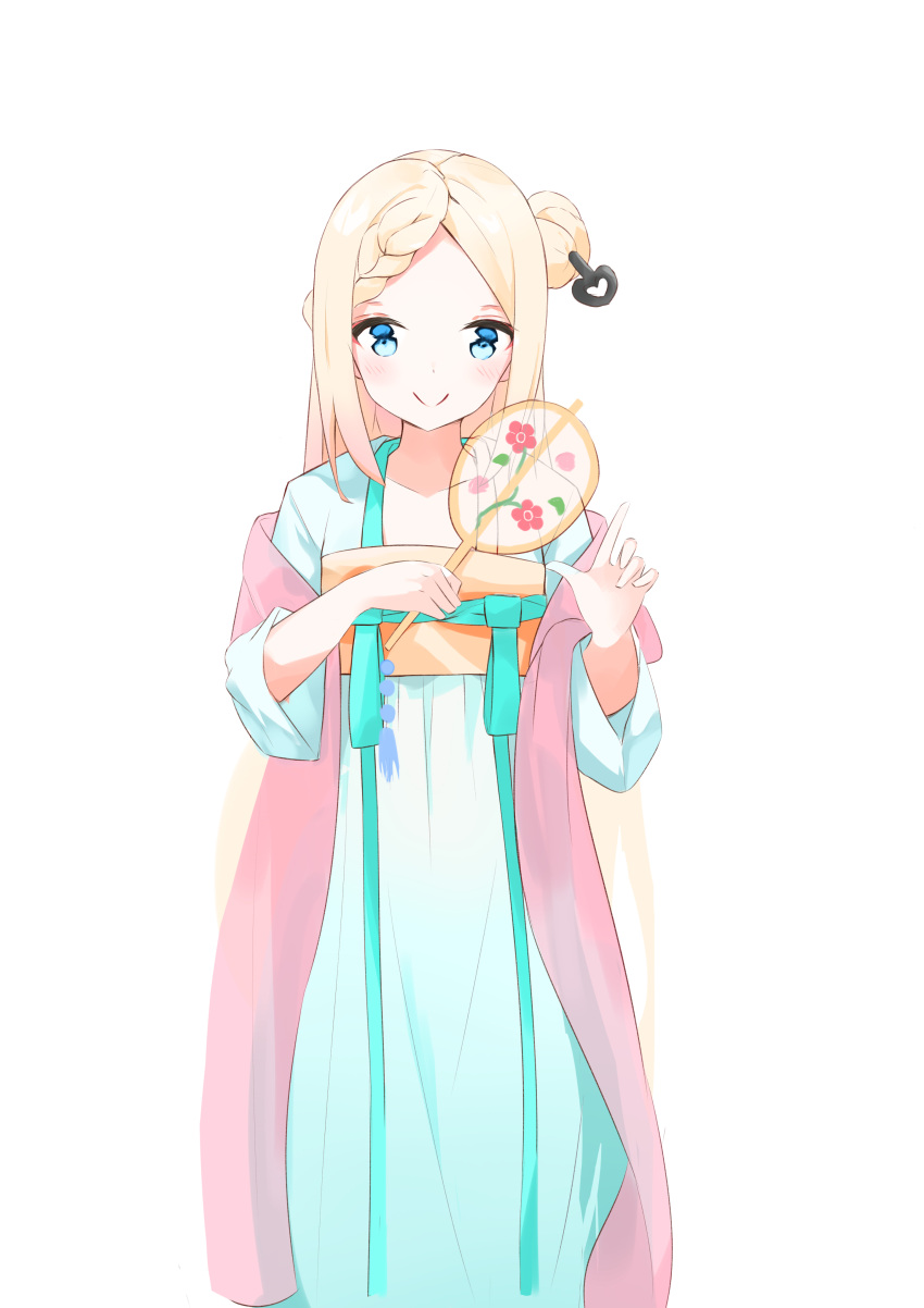 1girl abigail_williams_(fate) absurdres blonde_hair blue_eyes blush braid braided_bangs chinese_clothes closed_mouth commentary_request fate/grand_order fate_(series) hagoromo hair_bun hands_up hanfu highres holding long_hair long_sleeves looking_at_viewer parted_bangs shawl simple_background single_side_bun smile solo very_long_hair white_background yukaa