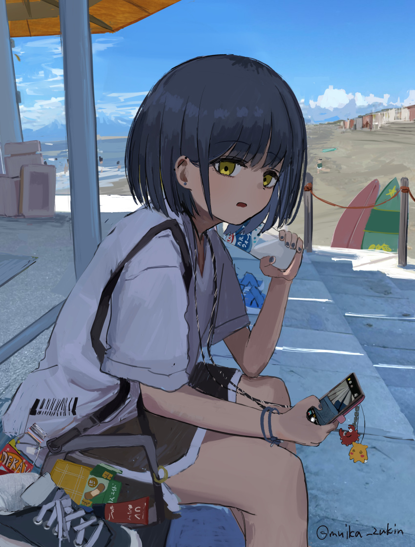 1girl absurdres bag beach black_shorts blue_hair blue_nails blue_sky bottle bracelet cellphone_charm charm_(object) day dolphin_shorts feet_out_of_frame from_side highres holding holding_bottle holding_phone jewelry leaning_forward muika_zukin ocean open_mouth original outdoors phone pikachu pocari_sweat pokemon scenery shade shirt shoes short_hair short_sleeves shorts shoulder_bag sitting sky solo summer surfboard t-shirt unworn_shoe white_shirt white_t-shirt yellow_eyes