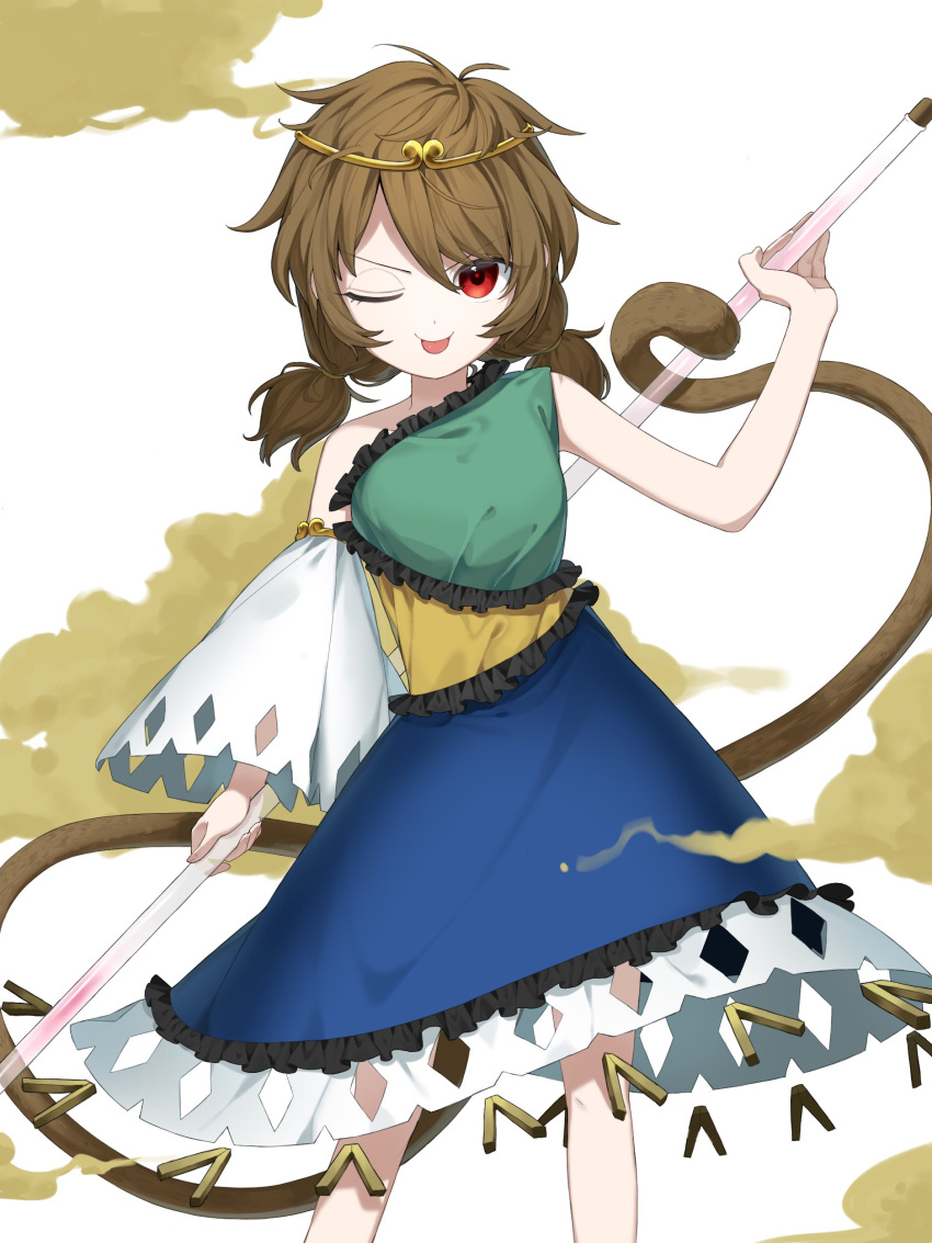 1girl absurdres blue_dress bo_staff brown_hair brown_tail circlet commentary_request detached_sleeves dress frilled_dress frills green_dress highres keiki8296 low_twintails monkey_girl monkey_tail multicolored_clothes multicolored_dress one_eye_closed prehensile_tail red_eyes ruyi_jingu_bang single-shoulder_dress single_detached_sleeve single_strap solo son_biten tail test_tube tongue tongue_out touhou twintails yellow_dress