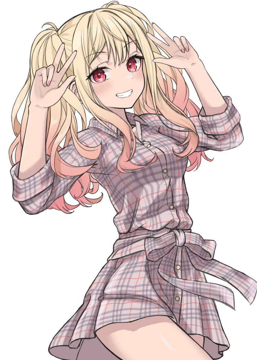 1girl absurdres arms_up blonde_hair blush breasts double_v dress grin hands_up highres hinato1710 long_hair long_sleeves looking_at_viewer plaid plaid_dress plaid_skirt project_sekai red_eyes shirt skirt smile solo tenma_saki twintails v white_background