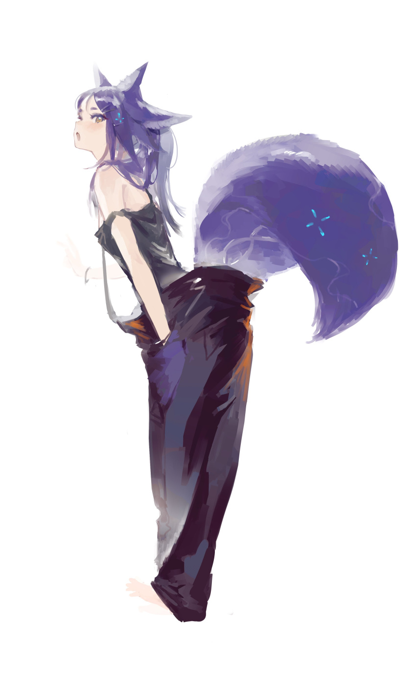 1girl :o absurdres animal_ears bare_shoulders barefoot camisole fox_ears fox_girl fox_tail full_body hair_ornament hairclip hand_in_pocket highres leaning_forward long_hair looking_at_viewer original pants purple_hair purple_tail shisantian simple_background solo standing strap_slip tail white_background
