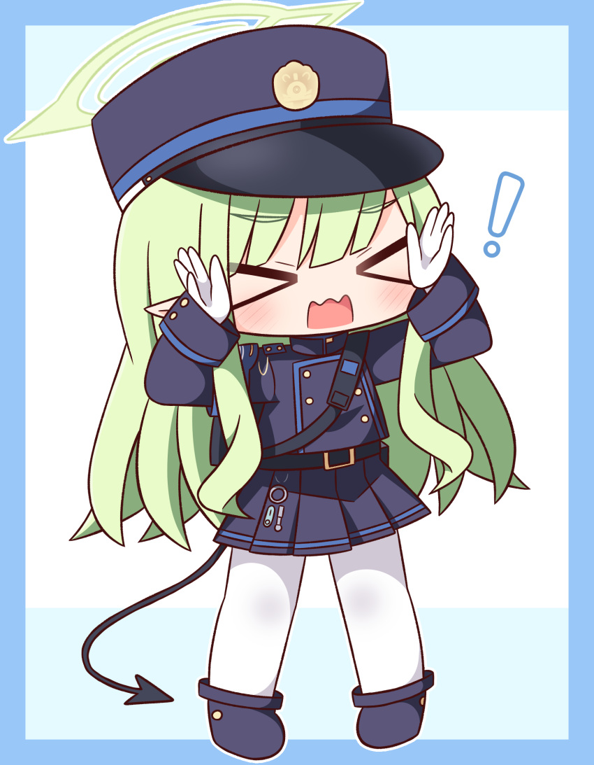 ! &gt;_&lt; 1girl black_skirt blue_archive blue_background blue_border blue_footwear blue_hat blue_jacket blush border chibi demon_tail facing_viewer full_body gloves green_hair halo hana_kazari hands_up hat highlander_sidelocks_conductor_(blue_archive) highres jacket long_hair open_mouth pantyhose peaked_cap pleated_skirt pointy_ears shoes skirt solo standing tail two-tone_background very_long_hair wavy_mouth white_background white_gloves white_pantyhose