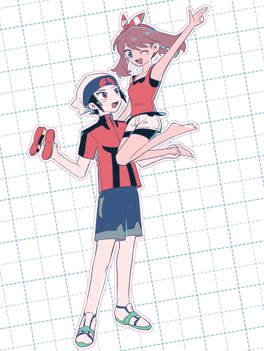 1boy 1girl :d ;d armpits barefoot black_hair black_shorts blue_eyes blue_shorts bow brendan_(pokemon) brown_hair dda_sso fang full_body hair_bow hat highres holding holding_another's_foot holding_shoes looking_at_another may_(pokemon) one_eye_closed open_mouth pokemon pokemon_adventures red_bow red_eyes red_shirt shirt shoes shorts sleeveless sleeveless_shirt smile white_hat