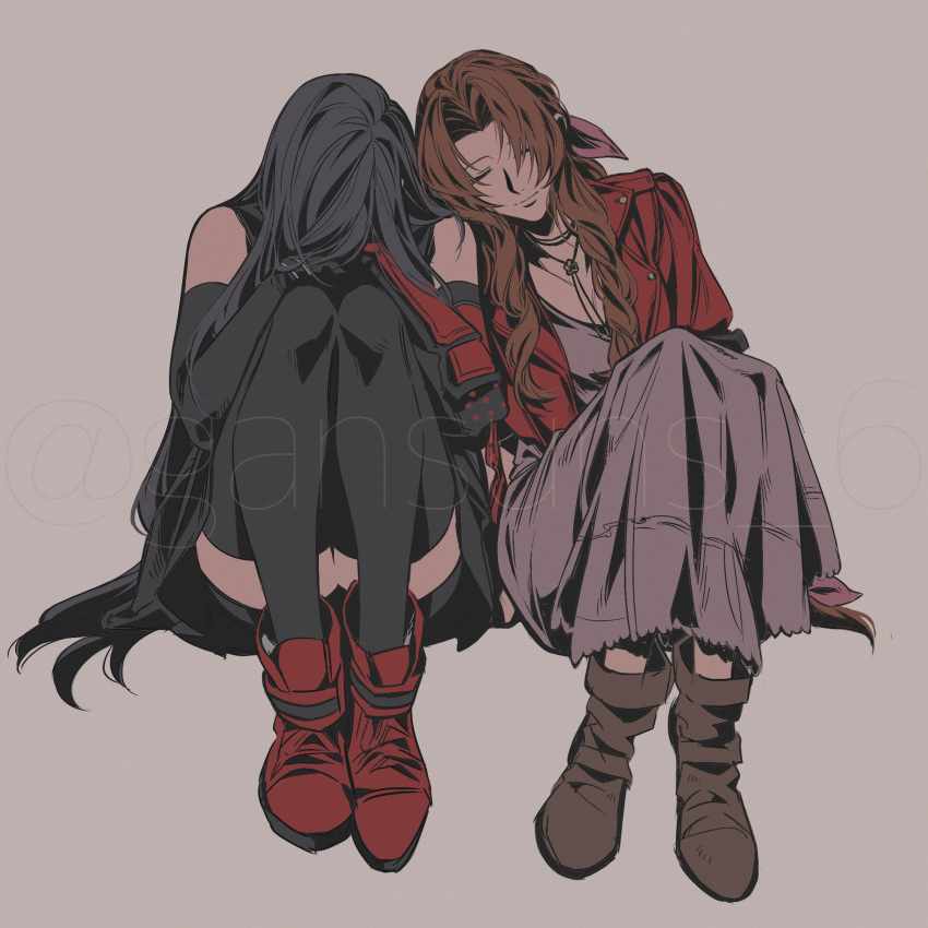 2girls aerith_gainsborough bare_shoulders black_gloves black_hair black_shorts black_skirt black_thighhighs boots brown_footwear brown_hair choker dress elbow_gloves elbow_pads final_fantasy final_fantasy_vii final_fantasy_vii_rebirth final_fantasy_vii_remake flower_choker full_body gloves grey_background hair_over_face hair_ribbon highres jacket leaning_on_person long_dress long_hair multiple_girls parted_bangs pink_dress pink_ribbon red_footwear red_jacket ribbon roku_(gansuns) shorts sidelocks single_elbow_pad sitting skirt thigh-highs tifa_lockhart twitter_username wavy_hair