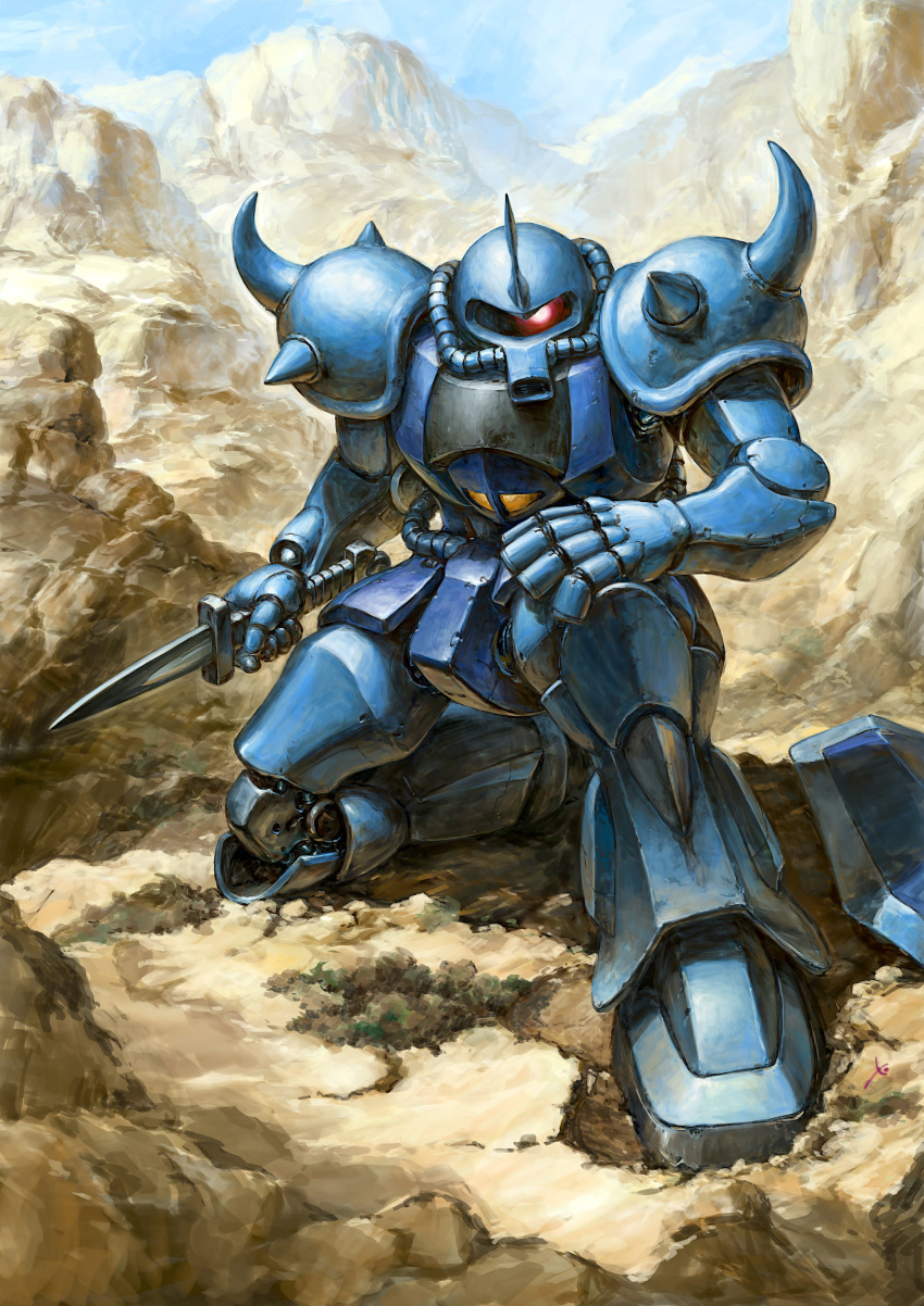absurdres commentary_request dagger day desert glowing glowing_eye gouf ground_shatter gundam highres holding holding_dagger holding_knife holding_weapon horns knife looking_at_viewer mecha mecha_focus mobile_suit mobile_suit_gundam mountain no_humans on_one_knee outdoors painting_(medium) red_eyes robot science_fiction shield shoulder_spikes single_horn solo spikes traditional_media user_gnsr8477 watercolor_(medium) weapon