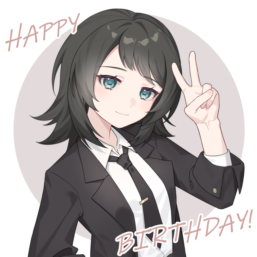1girl bang_dream! bang_dream!_it's_mygo!!!!! black_hair black_jacket black_necktie blue_eyes chinese_commentary closed_mouth collared_shirt commentary_request commission english_text hand_up happy_birthday highres jacket long_hair looking_at_viewer necktie second-party_source shirt smile solo tie_clip tsumalan upper_body v white_shirt yahata_umiri