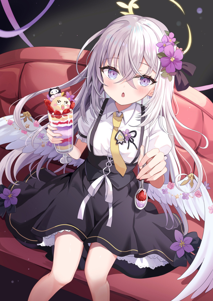 1girl angel_wings azusa_(blue_archive) black_skirt blue_archive blush collared_shirt feathered_wings feet_out_of_frame flower food grey_hair hair_between_eyes hair_flower hair_ornament halo highres holding holding_spoon long_hair looking_at_viewer open_mouth parfait purple_flower retsuto shirt short_sleeves skirt solo spoon violet_eyes white_shirt white_wings wings yellow_halo