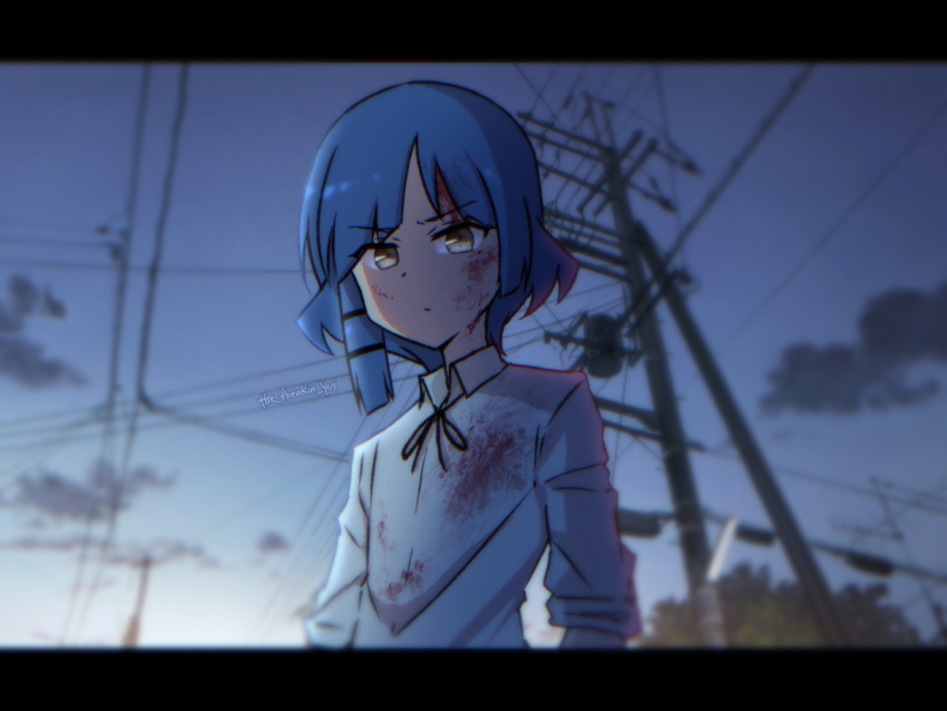 1girl blood blood_on_clothes blood_on_face blue_hair blue_sky bocchi_the_rock! clouds glaring highres letterboxed looking_at_viewer medium_hair outdoors power_lines shirt sky the_freakin_yui twilight twitter_username utility_pole white_shirt yamada_ryo yellow_eyes