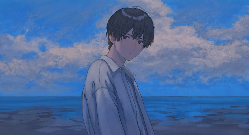 1boy absurdres black_eyes black_hair blue_sky blush close-up closed_mouth clouds cloudy_sky expressionless hair_between_eyes highres looking_at_viewer male_focus original shirt short_hair sky solo upper_body water white_shirt yuikawa_(00hyr)