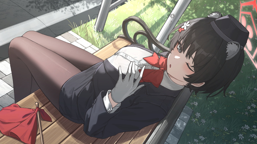 1girl absurdres animal_ear_fluff animal_ears bench black_eyes black_hair black_hat black_pantyhose black_skirt blue_archive blush bow bowtie breasts buttons chiyo_akira dated day extra_ears flag gloves halo hat highres large_breasts long_sleeves official_alternate_costume one_eye_closed open_mouth outdoors pantyhose red_bow red_bowtie red_halo shirt short_hair signature sitting skirt solo tour_guide tsubaki_(blue_archive) tsubaki_(guide)_(blue_archive) white_gloves white_shirt