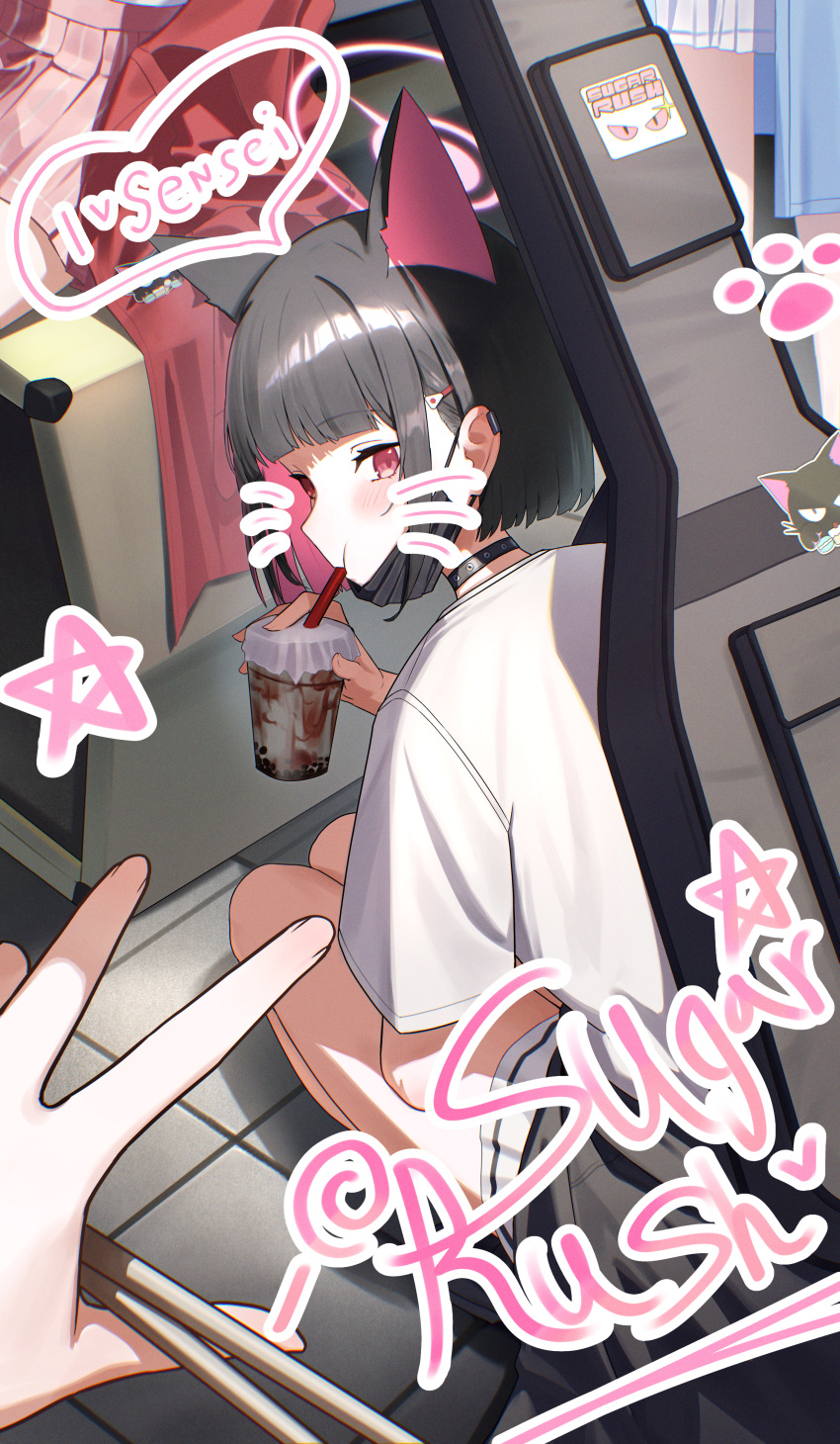 4girls absurdres airi_(band)_(blue_archive) airi_(blue_archive) animal_ears black_choker black_hair black_jacket blue_archive blush bubble_tea cat_ears choker clothes_around_waist colored_inner_hair cup drinking_straw drinking_straw_in_mouth extra_ears guitar_case halo heart highres holding holding_cup instrument_case jacket jacket_around_waist kazusa_(band)_(blue_archive) kazusa_(blue_archive) looking_at_viewer looking_back mask mask_pull mouth_mask multicolored_hair multiple_girls natsu_(blue_archive) official_alternate_costume paw_print pink_eyes pink_hair pink_halo pov pov_hands pyytato shirt skirt speech_bubble squatting star_(symbol) surgical_mask tile_floor tiles white_shirt white_skirt yoshimi_(band)_(blue_archive) yoshimi_(blue_archive)