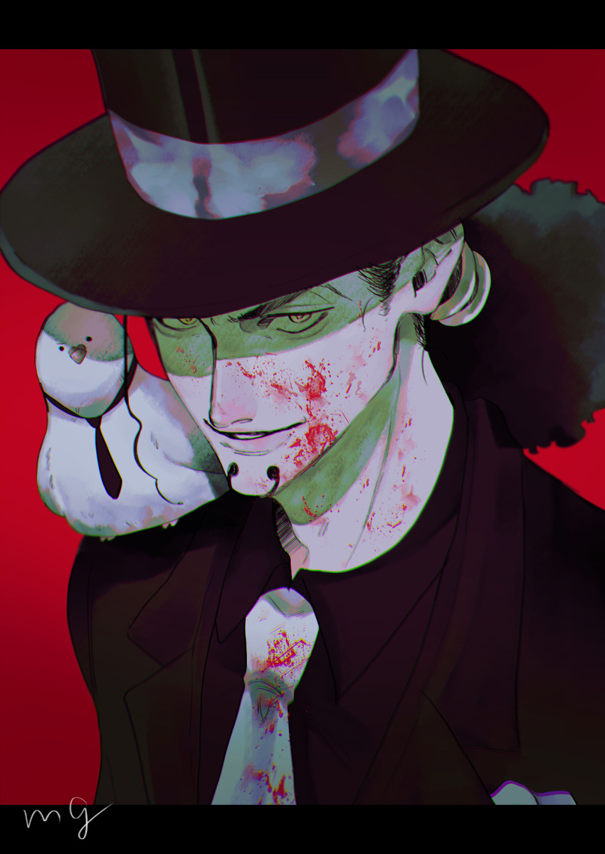 1boy animal animal_on_shoulder bird bird_on_shoulder black_hair blood blood_on_face clothed_animal evil_smile facial_hair goatee hat hattori_(one_piece) highres long_hair looking_at_viewer low_ponytail male_focus mg_choco826 one_piece pigeon rob_lucci smile suit top_hat upper_body