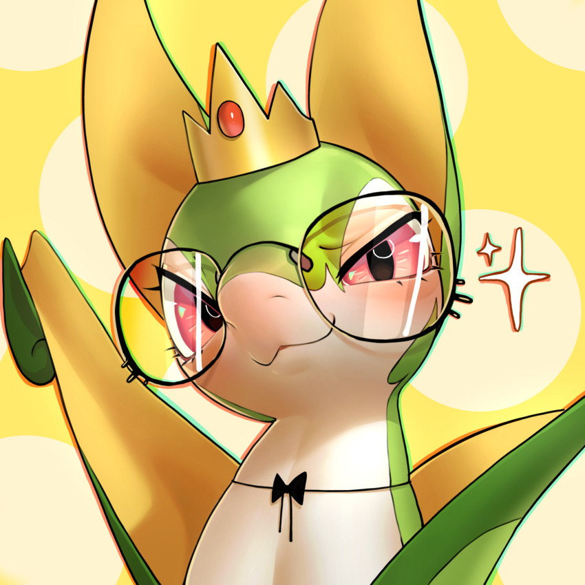 azre black_bow black_bowtie blush bow bowtie clothed_pokemon colored_sclera crown glasses highres looking_at_viewer no_humans pokemon pokemon_(creature) polka_dot polka_dot_background portrait red_sclera serperior smug solo sparkle yellow_background