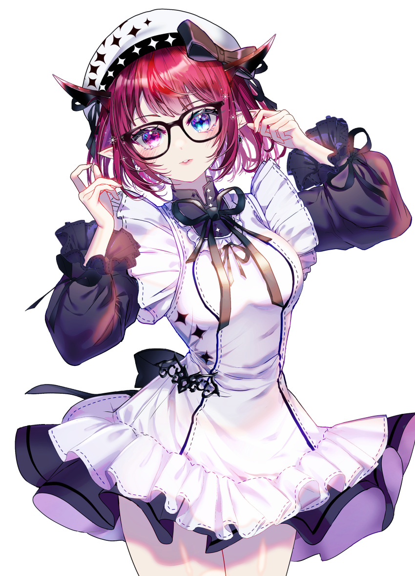 1girl absurdres alternate_costume beret bespectacled black-framed_eyewear black_dress blue_eyes collared_shirt commentary cross-shaped_pupils dress earrings english_commentary frilled_dress frills glasses hands_up hat heterochromia highres hololive hololive_english horns irys_(hololive) jewelry juliet_sleeves layered_dress lolita_fashion long_sleeves looking_at_viewer official_alternate_hair_length official_alternate_hairstyle parted_lips pinafore_dress pink_eyes pointy_ears puffy_sleeves redhead shirt simple_background sleeveless sleeveless_dress solo sowon symbol-shaped_pupils transparent_background virtual_youtuber white_dress white_hat