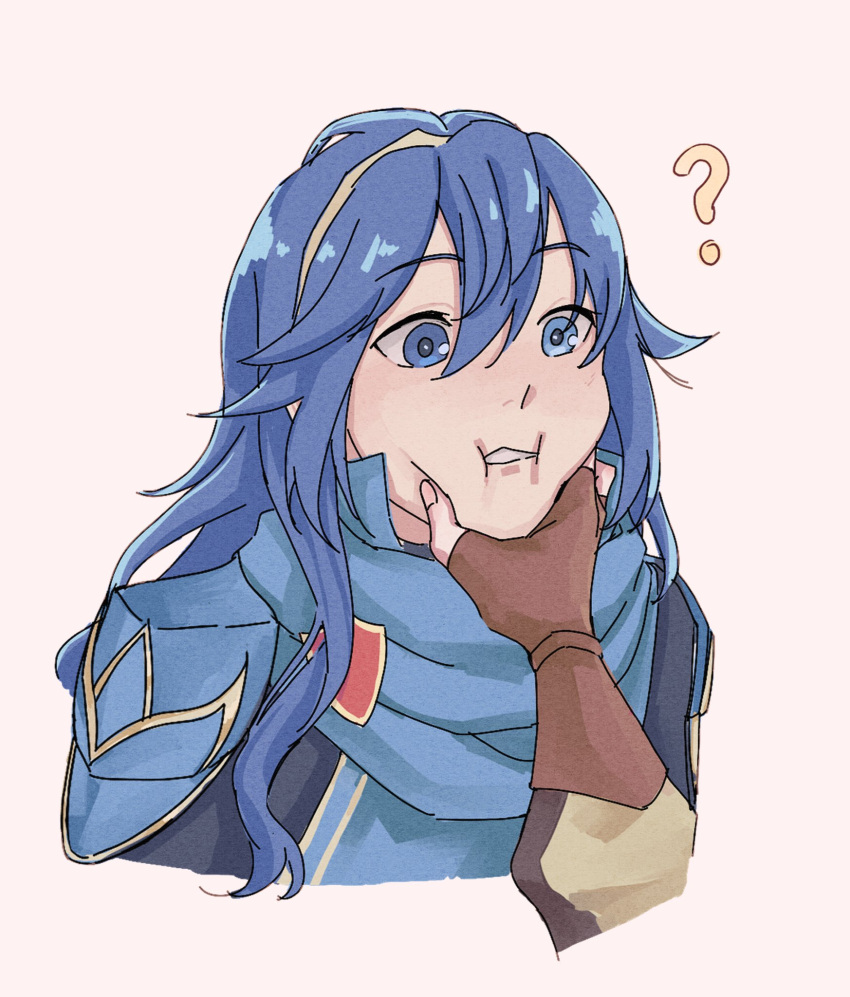 1girl 1other ? blue_eyes blue_hair blue_scarf commentary cropped_torso english_commentary fire_emblem fire_emblem_awakening hand_on_another's_cheek hand_on_another's_face highres long_hair lucina_(fire_emblem) pinwheejin scarf simple_background tiara upper_body white_background