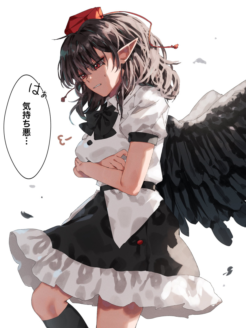 1girl absurdres black_bow black_bowtie black_hair black_skirt black_socks black_wings bow bowtie breasts clenched_teeth collared_shirt commentary cowboy_shot crossed_arms feathers frilled_skirt frills from_side hat highres kneehighs long_hair looking_down medium_breasts pointy_ears puffy_short_sleeves puffy_sleeves red_eyes red_hat shameimaru_aya shirt short_sleeves simple_background skirt socks solo sweat teeth tokin_hat touhou translation_request tsuyuji_shigure white_background white_shirt wings