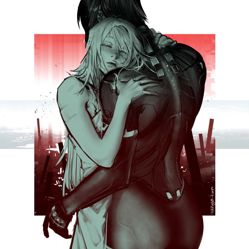 2girls android ariane_yeong artist_name bandage_on_face bandages camisole closed_eyes commentary elster_(signalis) english_commentary half-closed_eyes hand_on_another's_neck hand_on_another's_shoulder hug limited_palette long_hair manya-kun multiple_girls red_background red_eyes short_hair signalis upper_body white_background yuri